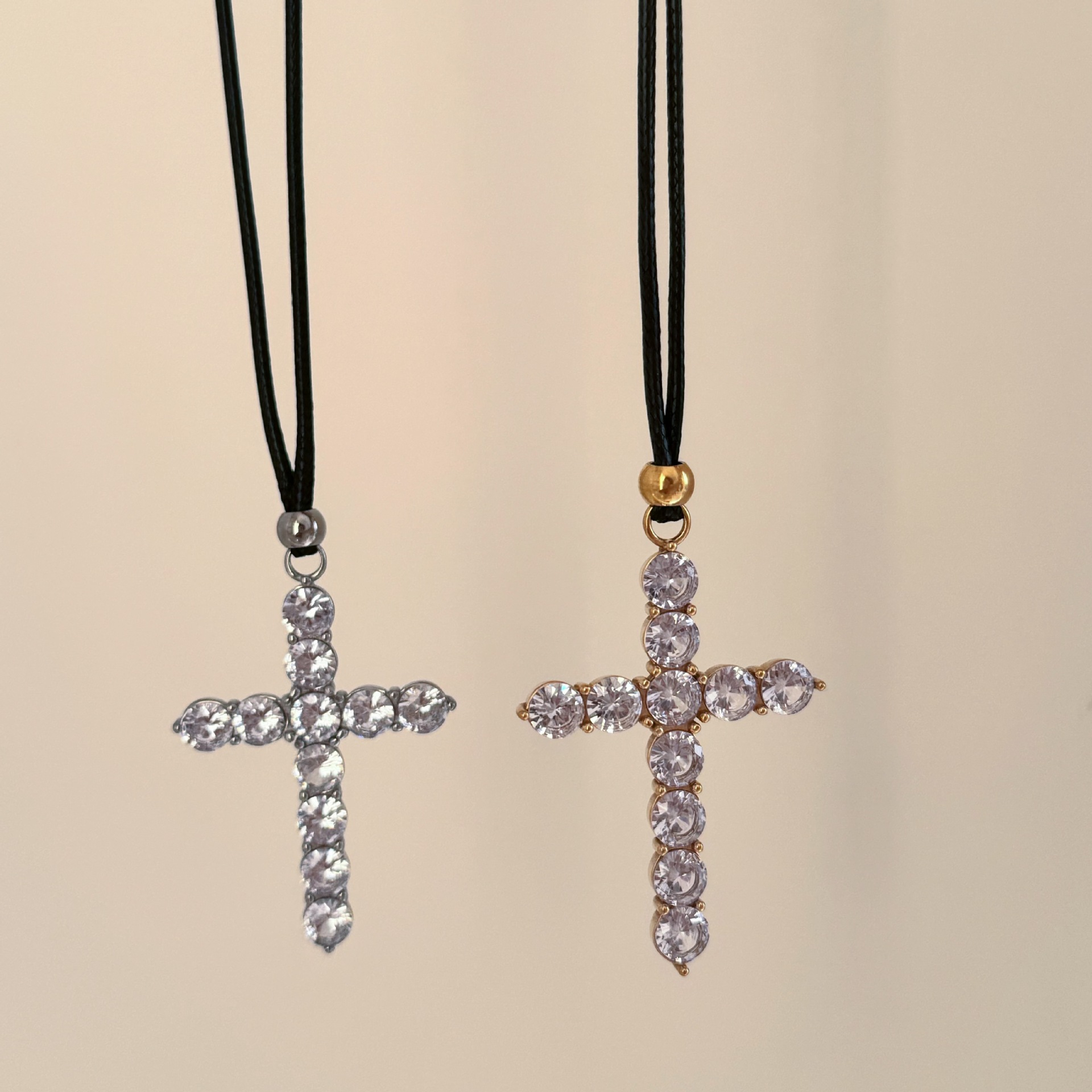 1 Piece Quantity Leather Rope Titanium Steel Retro Cross Plating Inlay Zircon Pendant Necklace