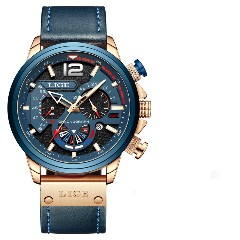 LIGE 8959 nuevo cinturón de seis pines calendario personalidad dial luminoso aguja multifuncional transfronteriza reloj de hombre