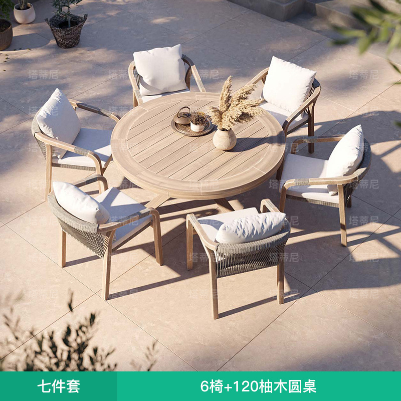 Mesas y sillas de teca para exteriores para villas, hoteles, patios, jardines, ocio al aire libre, terrazas de ratán, muebles de madera maciza impermeables y resistentes al sol.