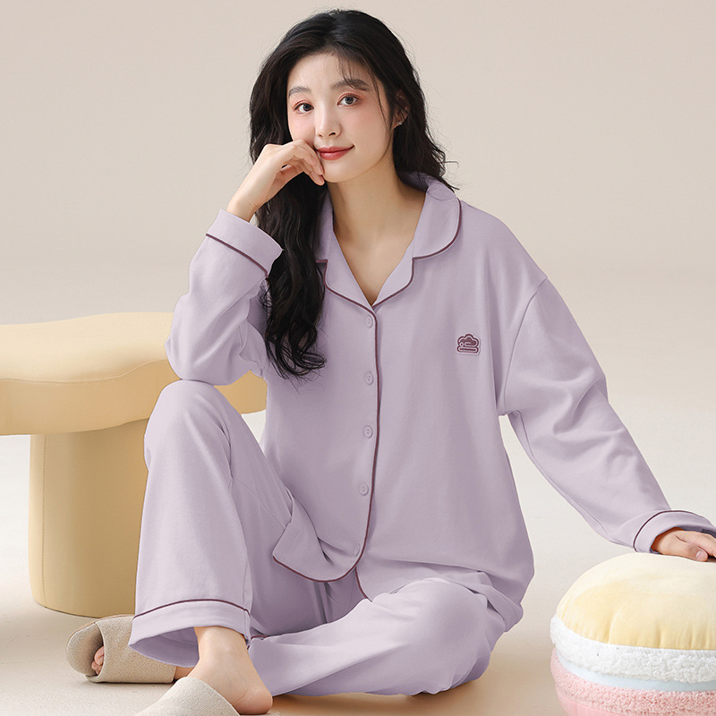 Pajamas Moon Clothes Women's Lapel Cardigan Long-sleeved Trousers Simple Home Clothes Combed Cotton High-grade suit Spring and Autumn