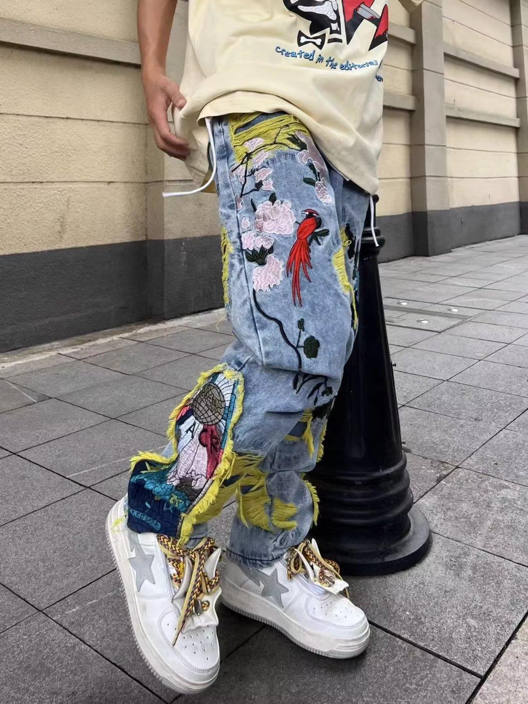 Heavy Embroidered Ripped Jeans American Hong Kong Style Street Fashion for Men And Women mid Waist Straight Pants Blue Long Brushed_voghion.com