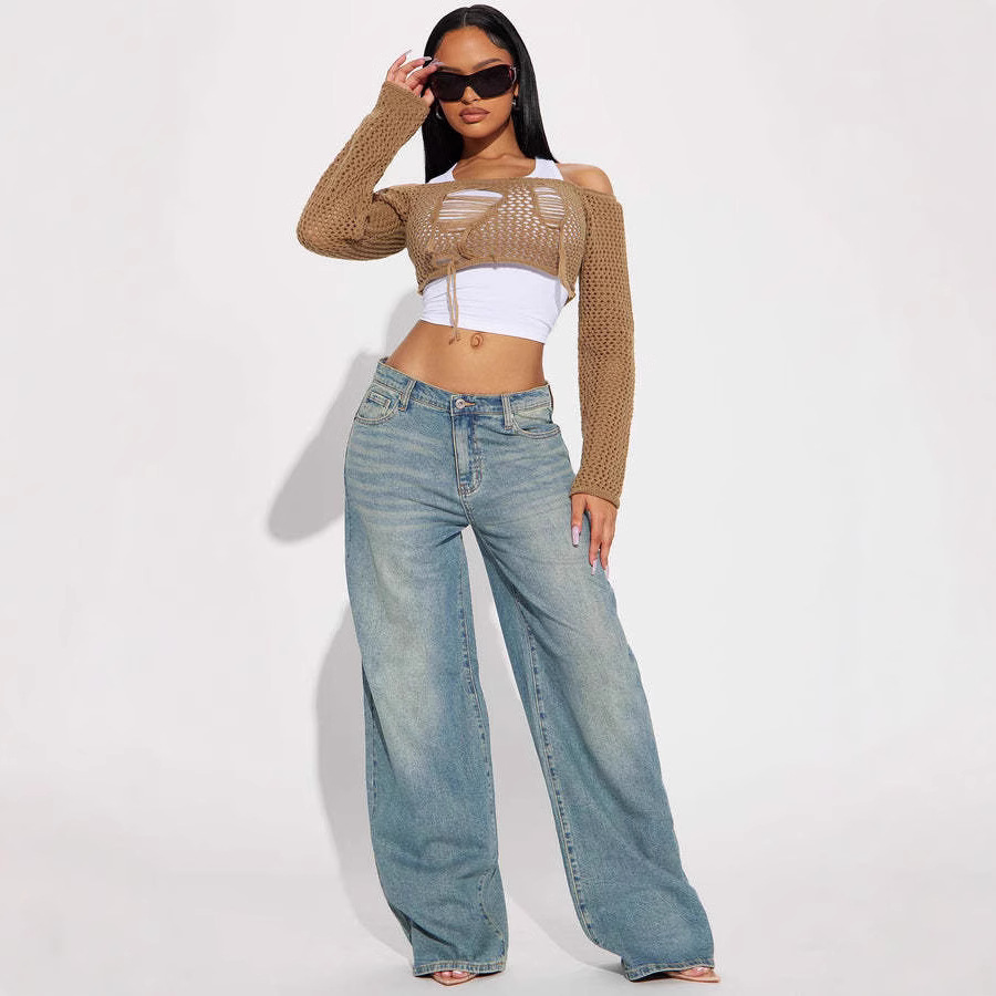 2025 Spring New European and American Cross-border Retro Wide-leg Jeans Women's Embroidered Stretch Straight Pants Casual Trousers