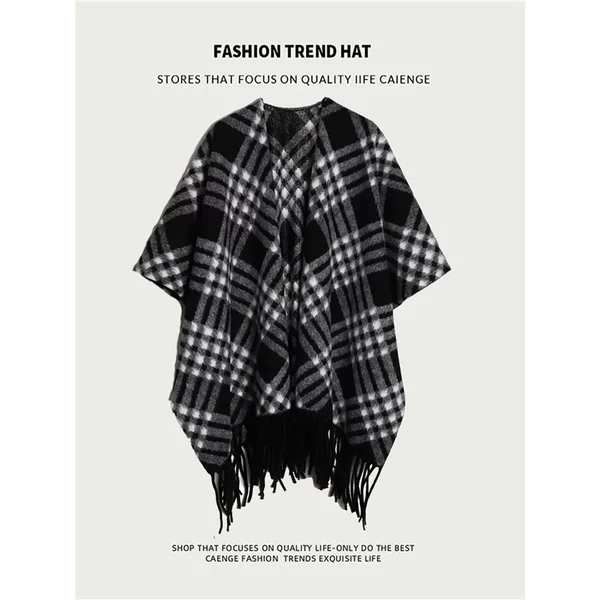 Black and White Plaid Shawl for Women, Thickened Cape for Travel Photography in Northwest Sichuan, Air-Conditioned Room Blanket