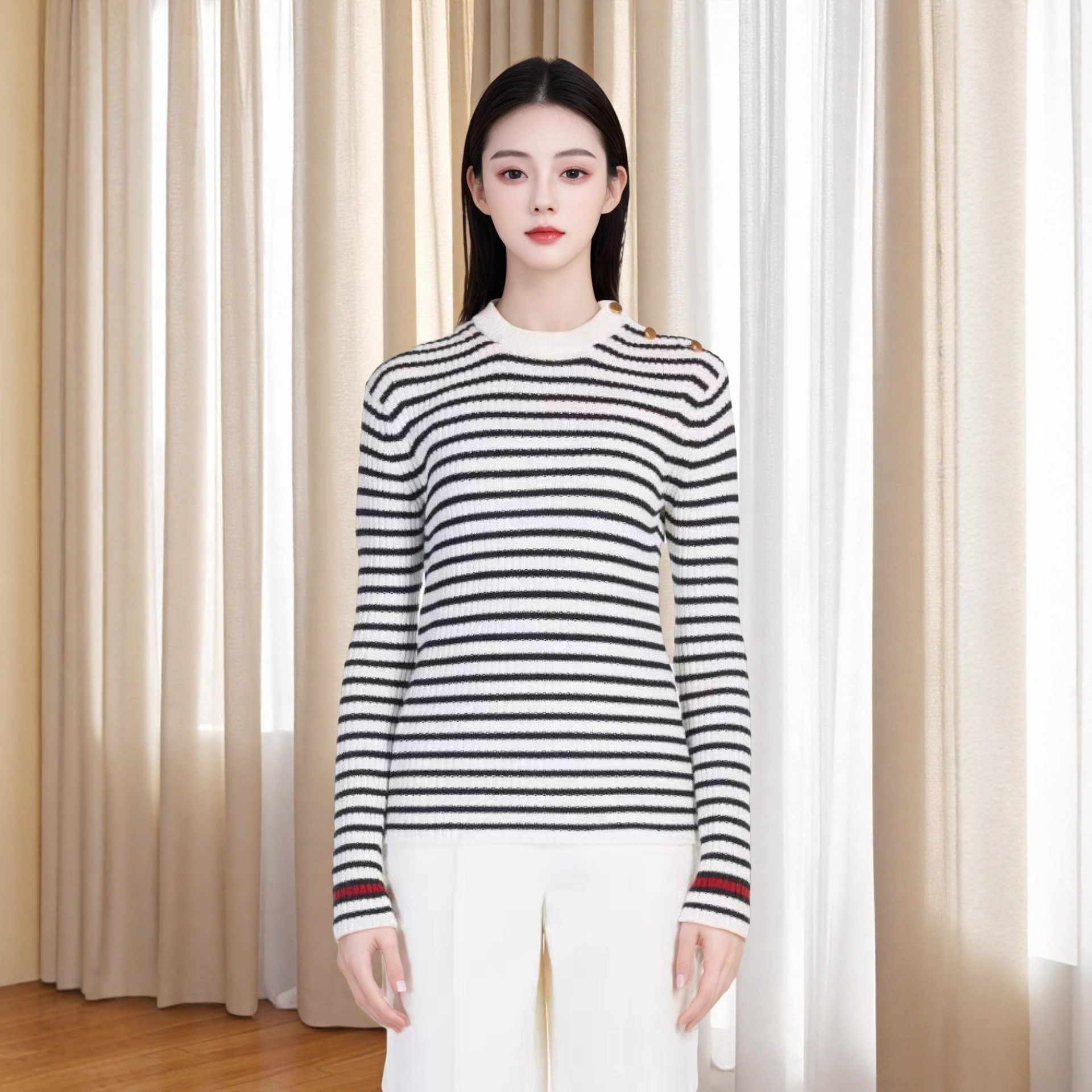 扬子精仿羊毛法式条纹撞色针织衫25秋季新款时髦百搭毛衣上衣女