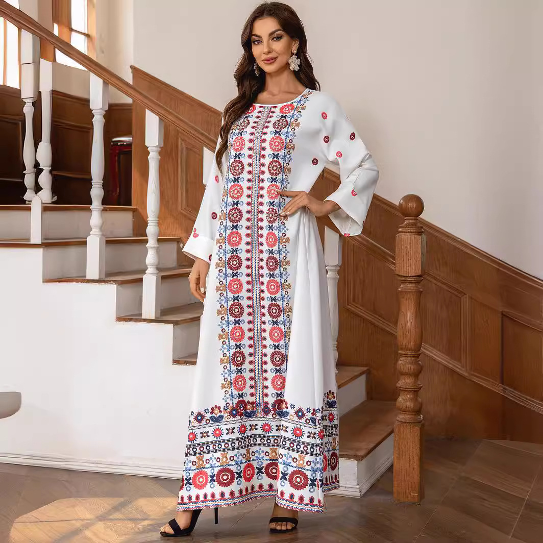 ZD028 Cross-border Middle Eastern Foreign Trade Muslim Ethnic Long Dress With Printed Gold Foil And Beading Elegant_ecoleips.com