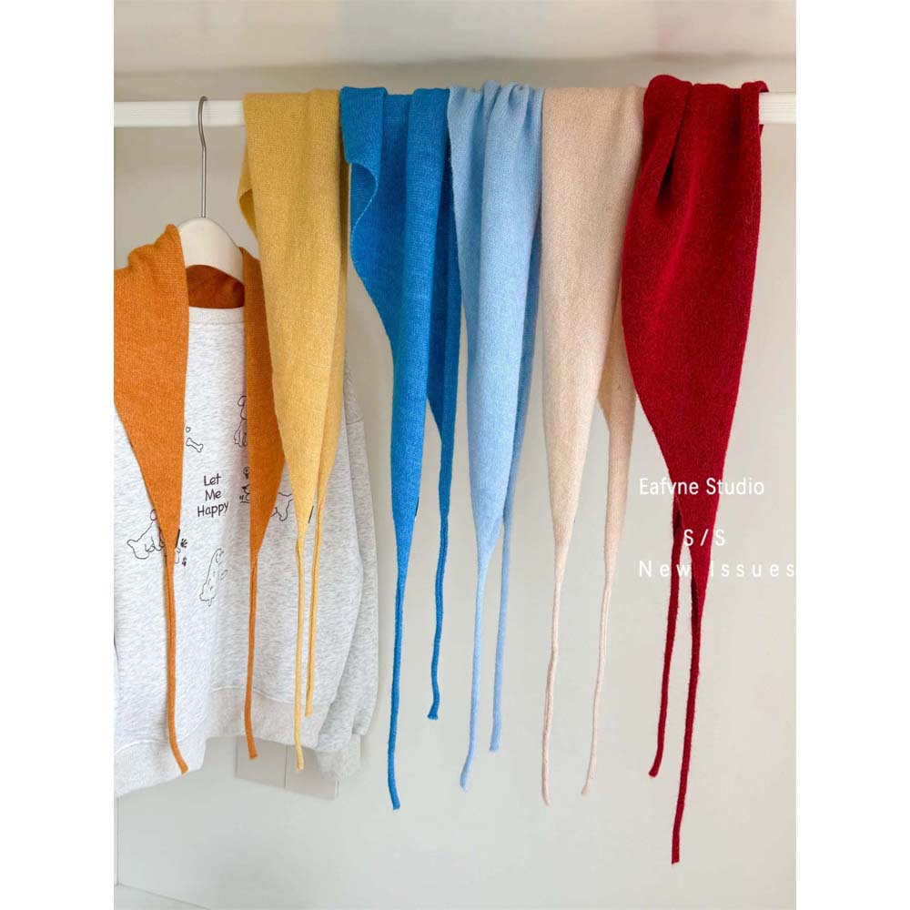 含羊毛湖蓝针织三角巾ins外搭时髦披肩女围脖包头巾高级感系带