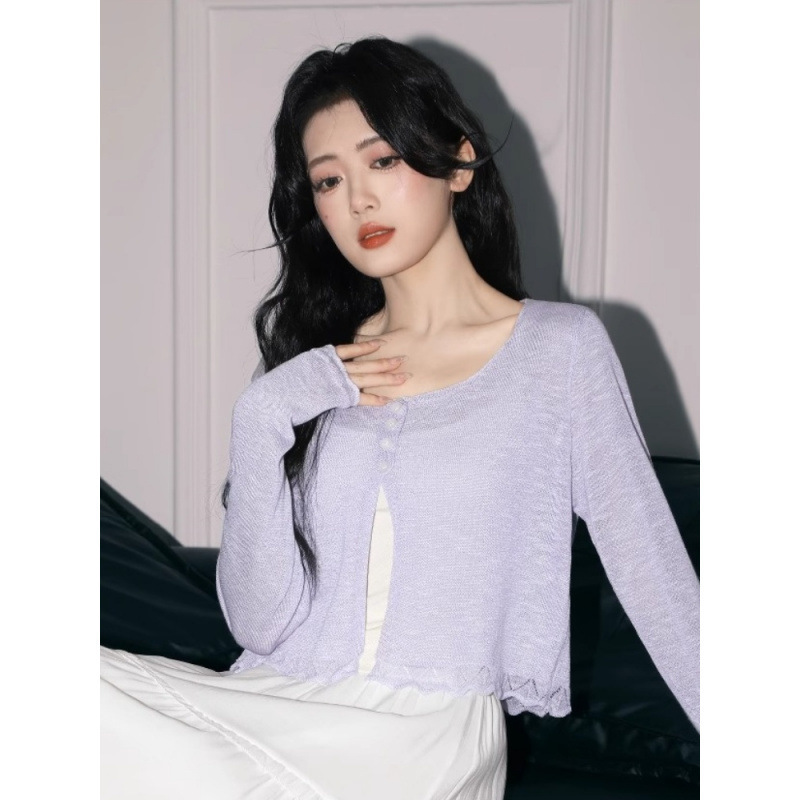 Purple Bamboo Linen Knitted Cardigan for Women Summer 2025 Spring New Style Suspender Outer Shawl Sun Protection Blouse Top Purple Bamboo Linen Knitted Cardigan for Women Summer 2025 Spring New Style Suspender Outer Shawl Sun Protection Blouse Top