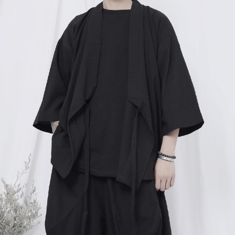 2026 Cotton and Linen Men's Clothing, Chinese-Style Retro Cross-Collar Oblique Placket Top, Cardigan, Zen-Style Tie-Up Jacket, Yamamoto Shiyao, Chinese Style