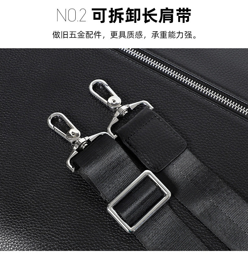 Cặp công sở mỏng da bò thật hai dây kéo, túi xách tay đeo chéo vai cho nam, đựng laptop 14 inch, 38,5×6×28 cm — Màu đen chi tiết 7