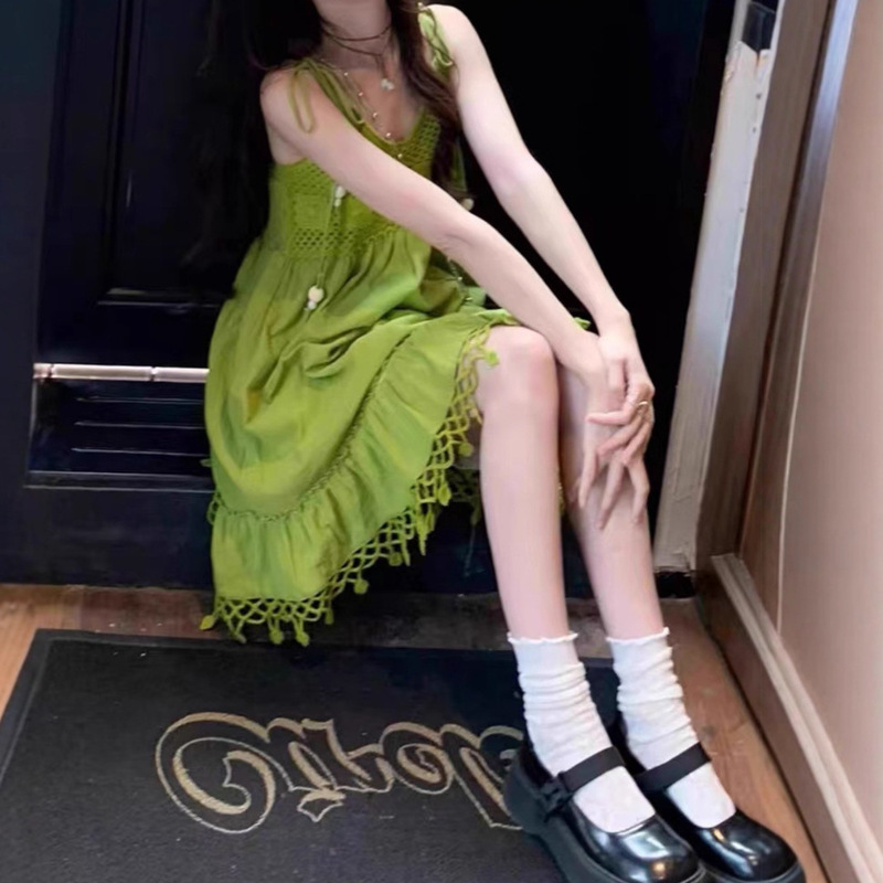 Korean Avocado Green Tassel Sleeveless Camisole Dress Women's Summer Bohemian Style Short Skirt