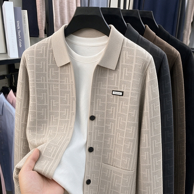 Factory direct autumn new men's knitted cardigan jacket with a turn-down collar, stylish casual jacquard design for middle-aged men