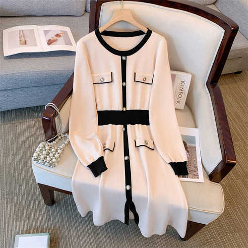 Large size women's clothing autumn and winter new French knitted dress, chanel style all-matching slimming sweater skirt