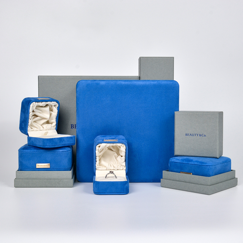 定制批发高档奢华蓝色耳环戒指手链项链珠宝包装饰品首饰盒丝绒