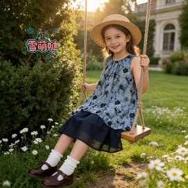 【XMD】2026夏季新款女童小鹿印花无袖连衣裙 女宝宝森系夏装裙子