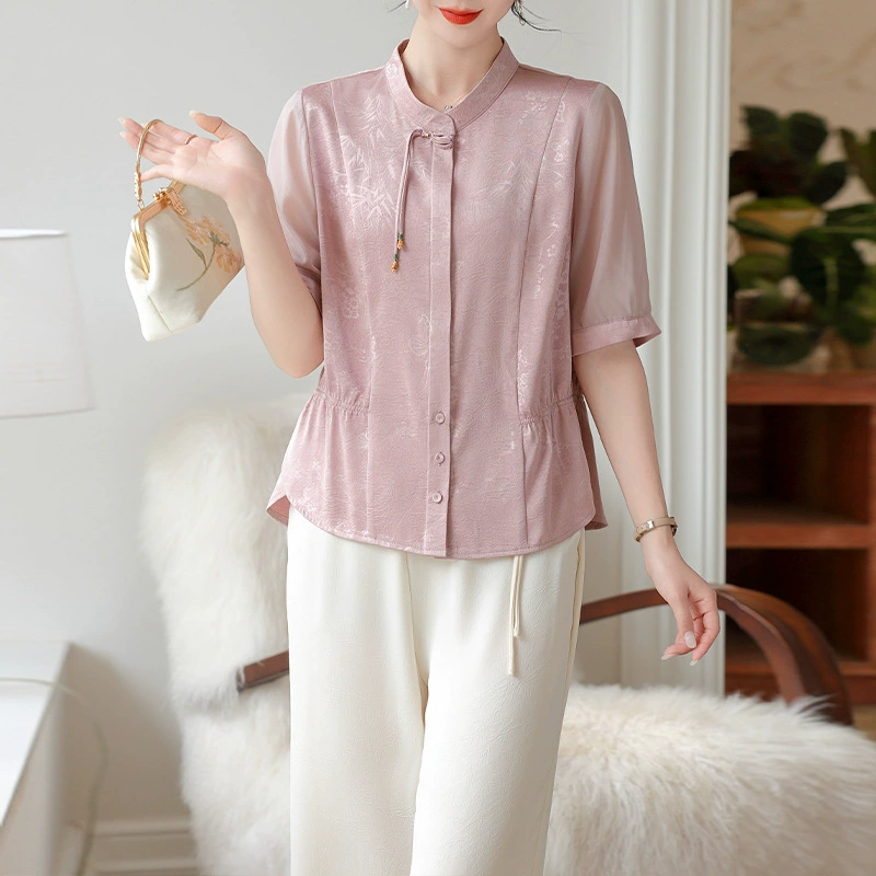 Новая одежда для мам в китайском стиле, летняя свободная тонкая жаккардовая рубашка, новая тонкая рубашка на пуговицах, женские топы среднего и пожилого возраста