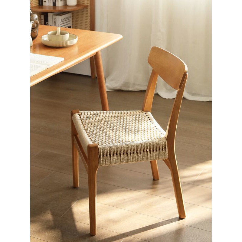 Retro Solid Wood Rope Dining Table and Chairs Wabi-Sabi Log Home Woven Makeup Nordic Medieval Rattan Backrest Desk Stool
