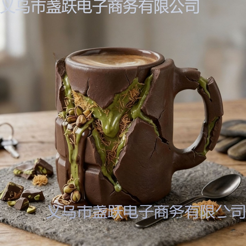 跨境原创设计仿真破碎巧克力马克杯复古家用树脂不锈钢咖啡杯