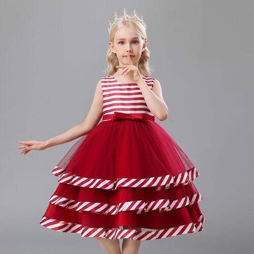  children striped princess dress jazz dancer singer host performance skirts girls catwalk piano costumes western style  wedding party flower girl dress