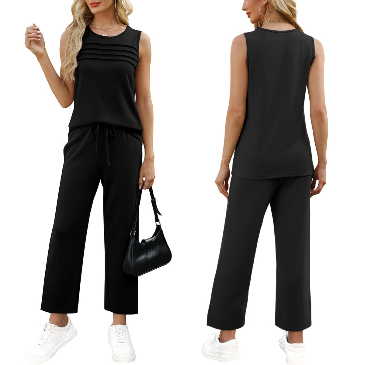 Sleeveless Hoodie & Pants Set For Women, Loose Fit Casual Jogger Outfit, Waffle Knit Cropped Top And Lounge Shorts Two Piece_ecoleips.com