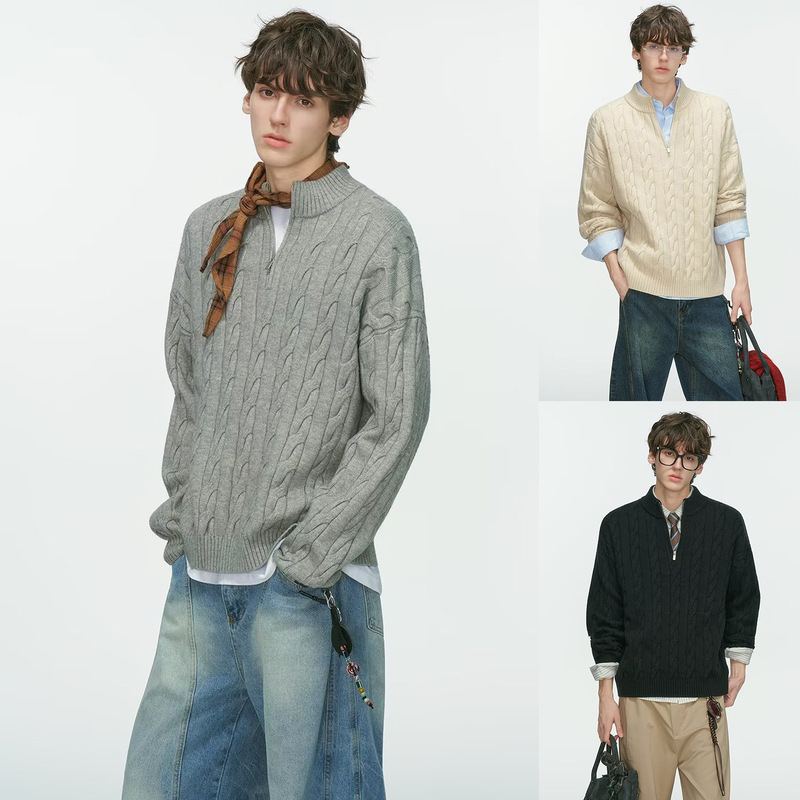 Half-Zip Knit Sweater for Men, Cable Knit, Stand Collar, Autumn and Winter Outerwear, Light Luxury Style, Business Casual, Foreign Trade, Cross-Border Wholesale Half-Zip Knit Sweater for Men, Cable Knit, Stand Collar, Autumn and Winter Outerwear, Light Luxury Style, Business Casual, Foreign Trade, Cross-Border Wholesale