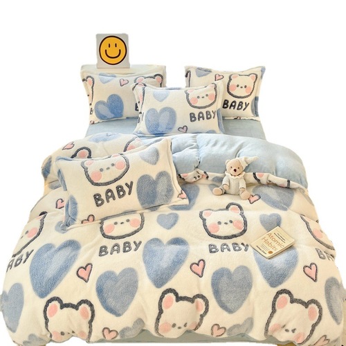 Snowflake velvet four-piece winter warm coral velvet cute cartoon style double-sided velvet 3D three-dimensional milk velvet four-piece set