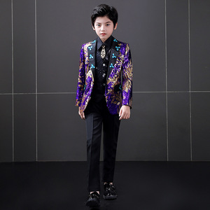 Children purple sequined flower boys kids jazz dance coats host singers dress suit blazer and pants piano stage catwalk costumes handsome British style outfits for kids