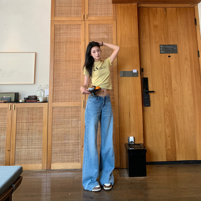 Summer Thin Waistless Cool Tencel Low-Waist Bootcut Pants for Women Retro Washed Low-Waist Draped Straight Jeans Summer Thin Waistless Cool Tencel Low-Waist Bootcut Pants for Women Retro Washed Low-Waist Draped Straight Jeans