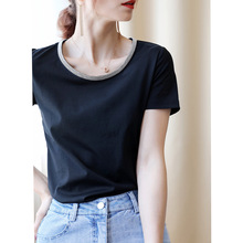 80支丝光棉钉珠大圆领短袖T恤女2020新款夏季黑色宽松白色V领上衣