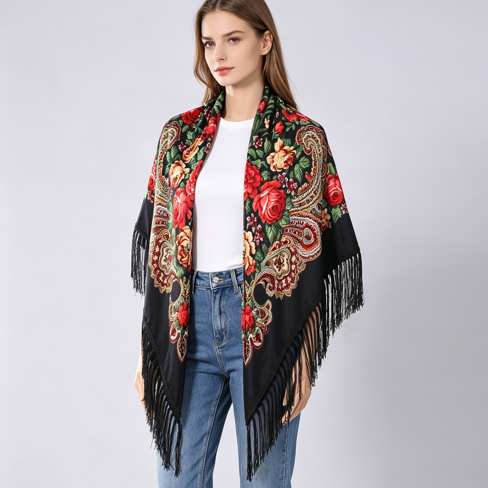 Cross-border Amazon Russian traditional printed headscarf, vintage square scarf, Xinjiang ethnic style women's shawl to be worn over cheongsam