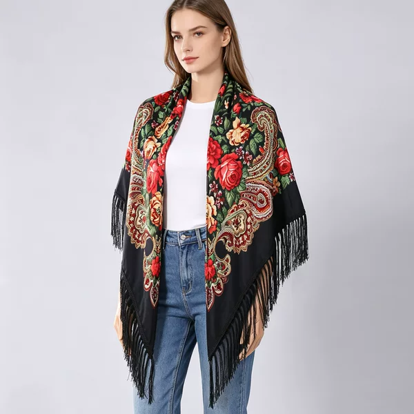 Cross-border Amazon Russian traditional printed headscarf, vintage square scarf, Xinjiang ethnic style women's shawl to be worn over cheongsam