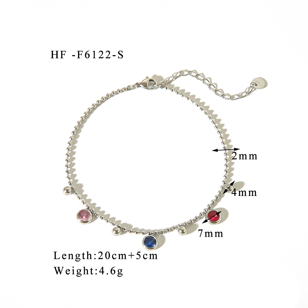 2024 nuevo estilo europeo y americano transfronterizo retro acero inoxidable color diamante redondo pequeña cuenta redonda borla colgante titanio acero tobillera mujer