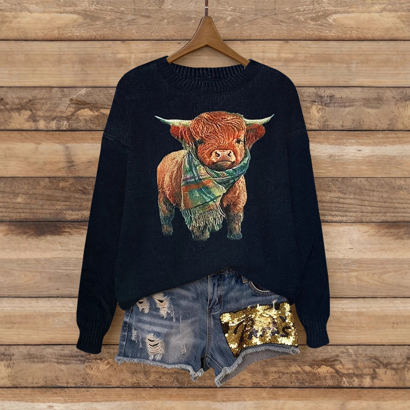 Cross-Border Popular Scottish Highland Cow Print Knitwear 2025 Autumn and Winter Red Round Neck Knitwear Retro Top
