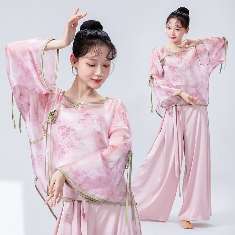 新中国風古典舞踊衣装 女性用 新作 梅の花模様の絞り染めガーゼ衣 エレガントな中国風 シンプルで爽やかな舞台衣装 練習着|undefined