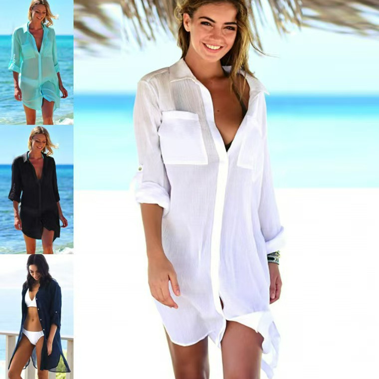 Cross-border Amazon European and American new style wrinkled fabric two-pocket hidden button beach cover-up bikini jacket shirt swimsuit
