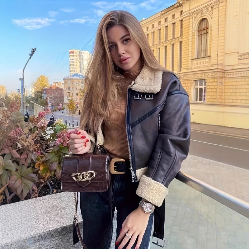 Cross-Border Export 2025 Autumn and Winter New Women's Tops Fur Integrated Retro Motorcycle Style Short Jacket Cross-Border Export 2025 Autumn and Winter New Women's Tops Fur Integrated Retro Motorcycle Style Short Jacket