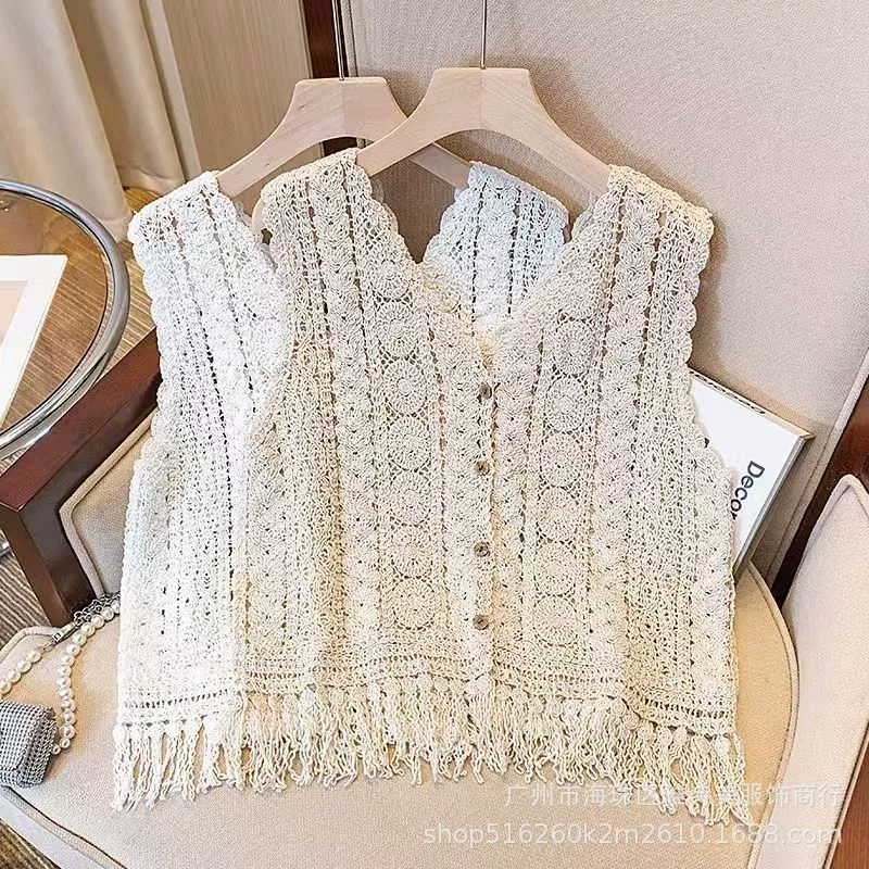 Французский дизайн сплошной цвет крючком ажурный трикотажный жилет женский приморский отдых ветер кисточка свободный топ