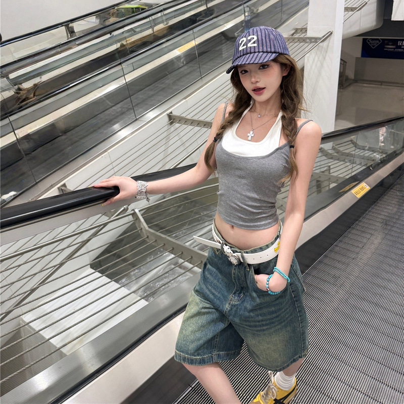 2026 Real Shot Color-Block Faux Two-Piece Vest for Women, Vintage Straight-Leg Retro Five-Point Denim Shorts