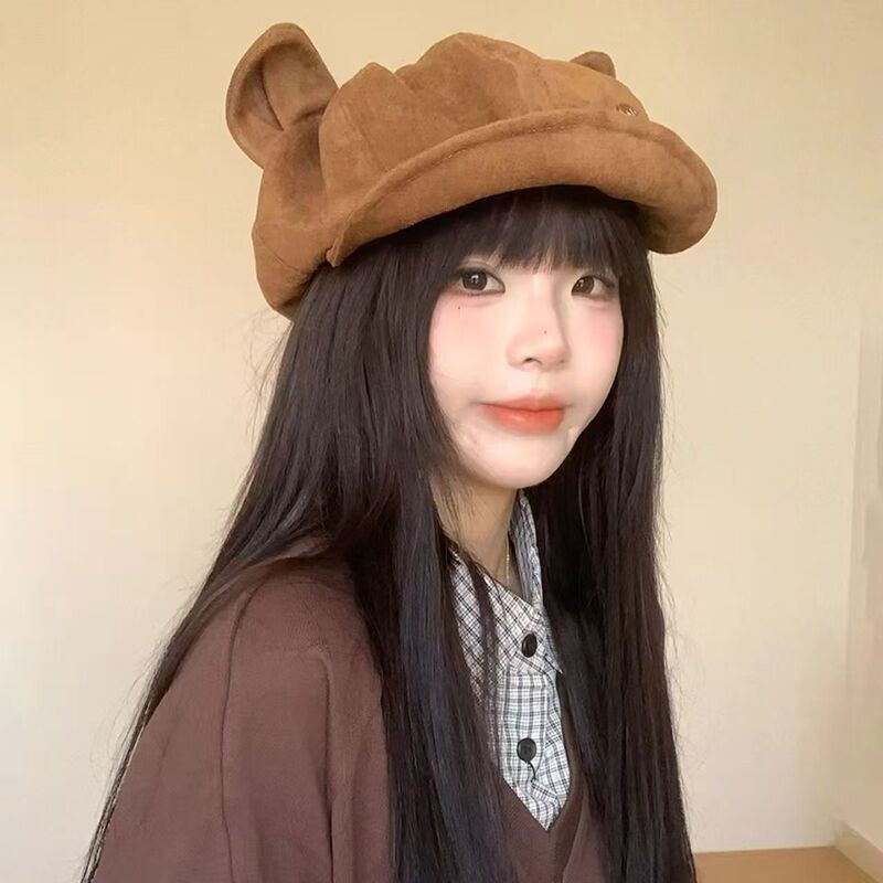 麂皮绒猫耳贝雷帽子女秋冬季新款纯色复古百搭八角帽显脸小画家帽|undefined