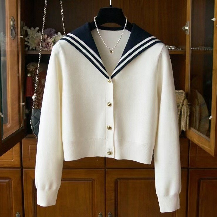 Youth Academy Style Contrast Color Navy Shawl Collar Long Sleeve Knitted Cardigan Loose Age-reducing Lazy Style Sweater Coat for Women