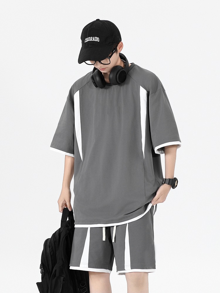 Verano versión suelta camiseta de cuello redondo manga corta pantalones cortos hombre juego de ocio deportivo juvenil hombre guapo juego de dos piezas