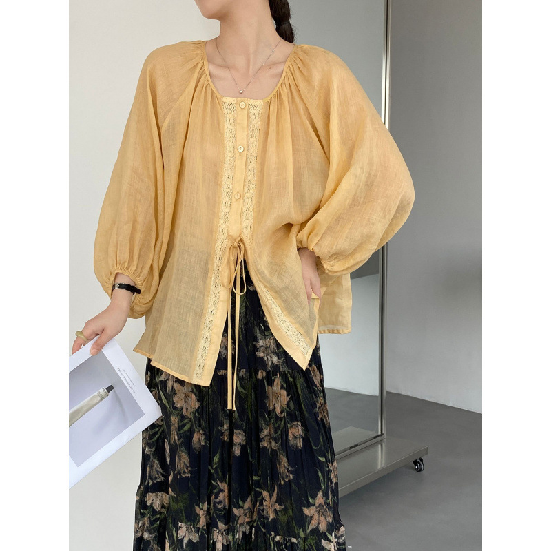 2026 Breathable Sunscreen Spring/Summer Ramie Semi-Transparent Blouse for Women with Lace Splicing Loose-Fit Shirt Top 2026 Breathable Sunscreen Spring/Summer Ramie Semi-Transparent Blouse for Women with Lace Splicing Loose-Fit Shirt Top