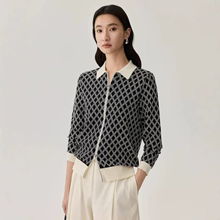 严选桑蚕丝简约外套女春季新品休闲通勤POLO领拉链格纹长袖短外套