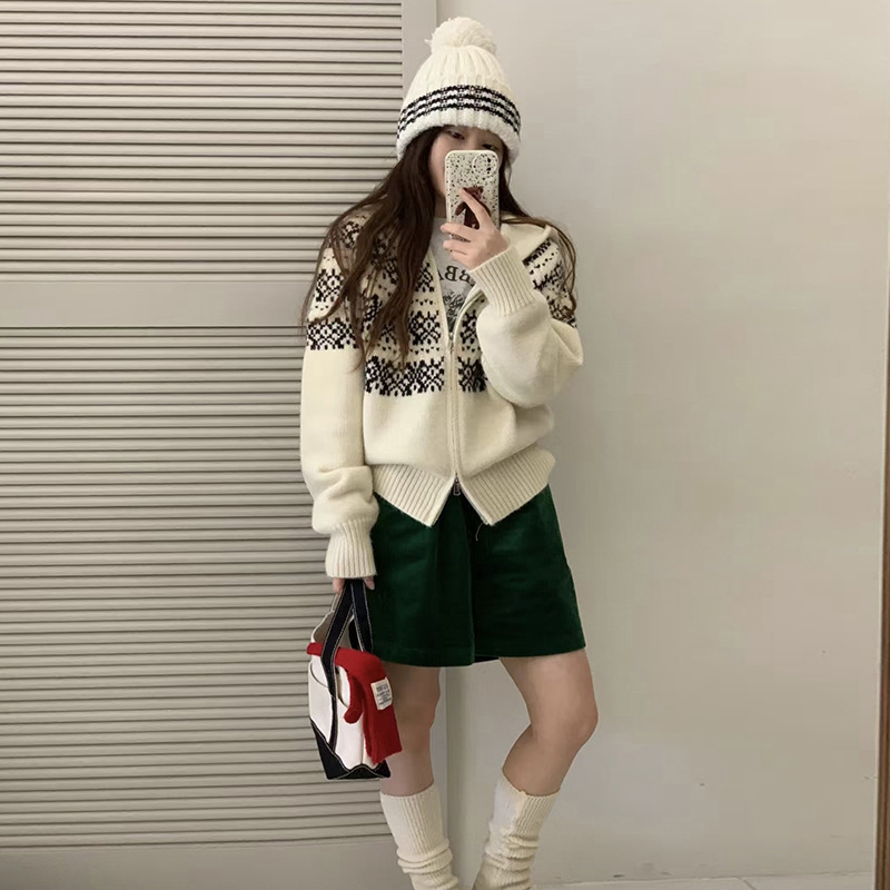 复古费尔岛慵懒风秋冬新款女士纯羊毛衫提花拉链开衫连帽毛衣外套