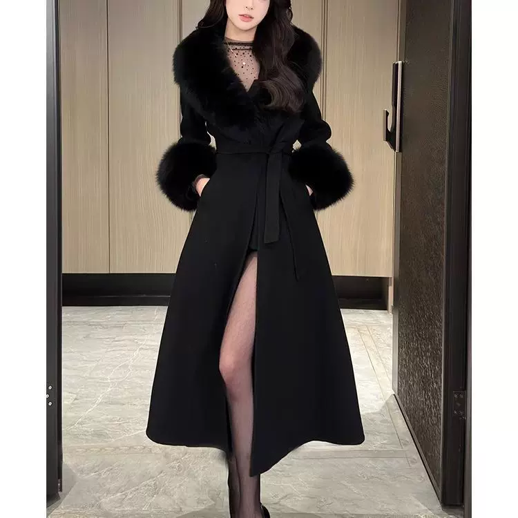 大码微胖mm加棉加厚黑色毛呢外套女秋冬高级感收腰中长款呢子大衣