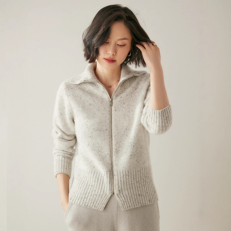 Autumn Style Fragrant Tea Cos Same Style Colorful Yarn Cashmere Zipper Knitted Cardigan Women's Short Lapel Loose Wool Jacket