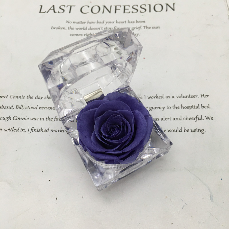 Caja de anillo acrílico transparente de rosa eterna confesión de flores verdaderas Qixiao regalo de día de San Valentín caja de regalo de anillo de vida eterna
