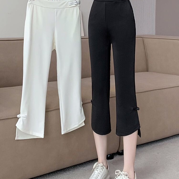 National Style Micro-Flared Pants for Women, Summer Thin Slim-Fit Plus-Size Cropped Casual Straight-Leg Suit Pants, Sports Wide-Leg Pants