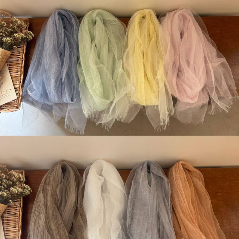 New Korean lightweight gauze scarf for women, versatile and elegant with tassels, long ethereal feather gauze scarf, solid color new style