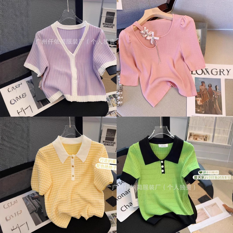 2025 New Summer Sexy Short Top Women's Design Navel-Baring V-Neck Short-Sleeved Daisy Popular Knitwear