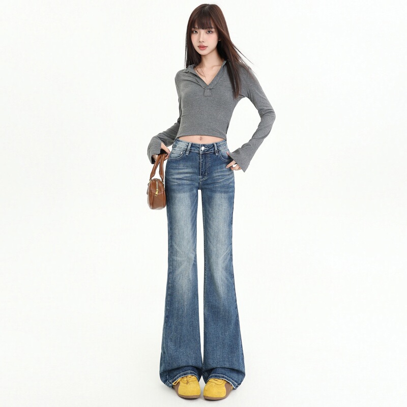 Yp&American Retro｜Heavy Craftsmanship Washed Whiskers｜Narrow Stretch Straight Jeans Pants&Extended Length